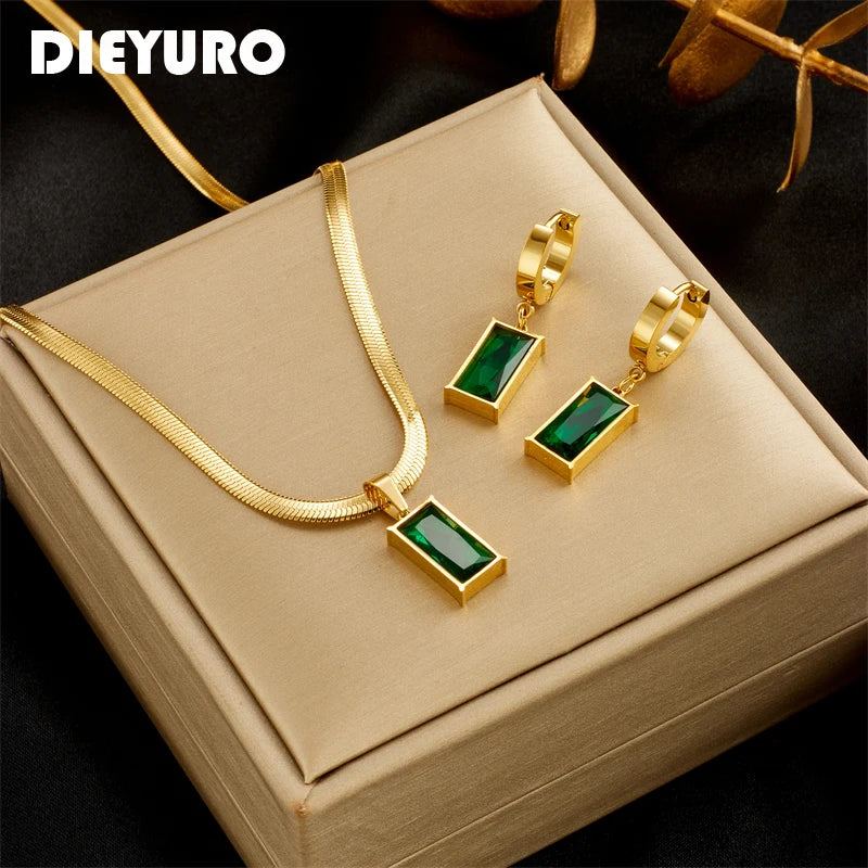 Dieyuro 316l Stainless Steel Square Green Crystal Zircon Necklace Earr