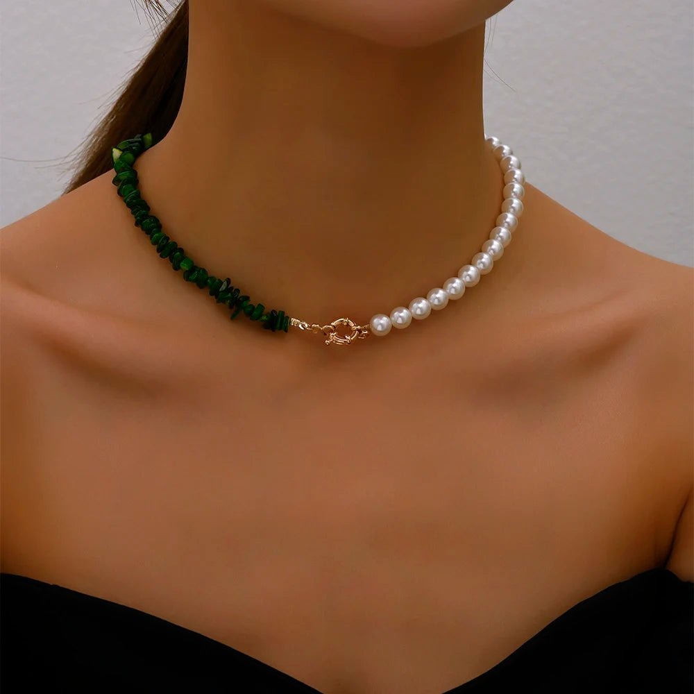 2023 Trend Elegant Jewelry Wedding Big Pearl Necklace For Women Fashion Imitation Pearl Green Rose Color Stone Choker Necklace - Ladyglow