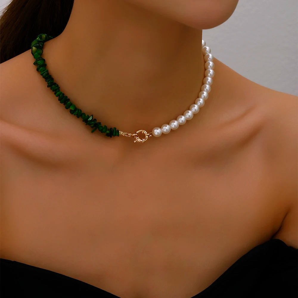 2023 Trend Elegant Jewelry Wedding Big Pearl Necklace For Women Fashion Imitation Pearl Green Rose Color Stone Choker Necklace - Ladyglow