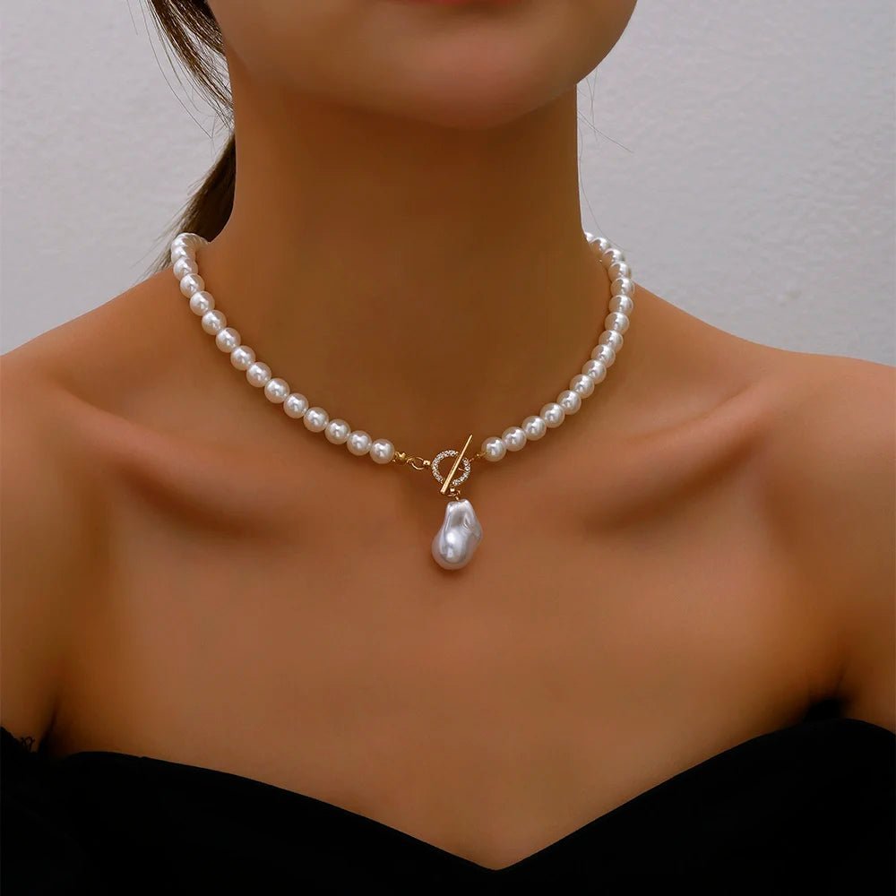 2023 Trend Elegant Jewelry Wedding Big Pearl Necklace For Women Fashion Imitation Pearl Green Rose Color Stone Choker Necklace - Ladyglow