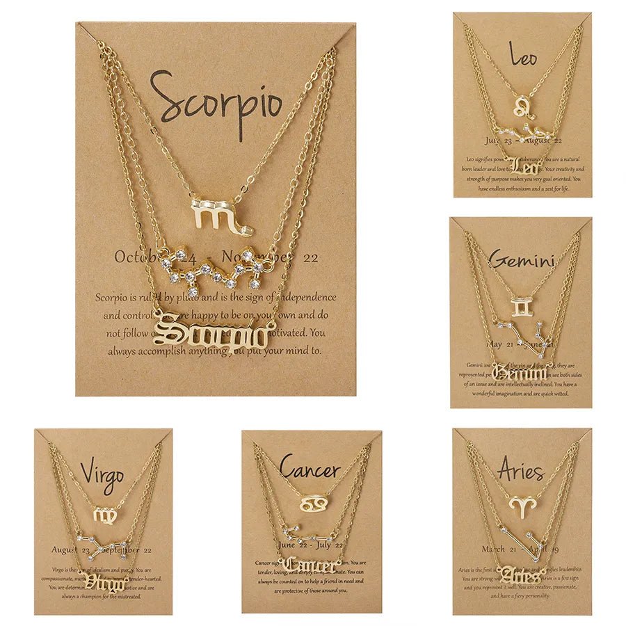 3Pcs/set 12 Zodiac Sign Necklace For Women 12 Constellation Pendant Chain Choker Birthday Jewelry With Cardboard Card - Ladyglow