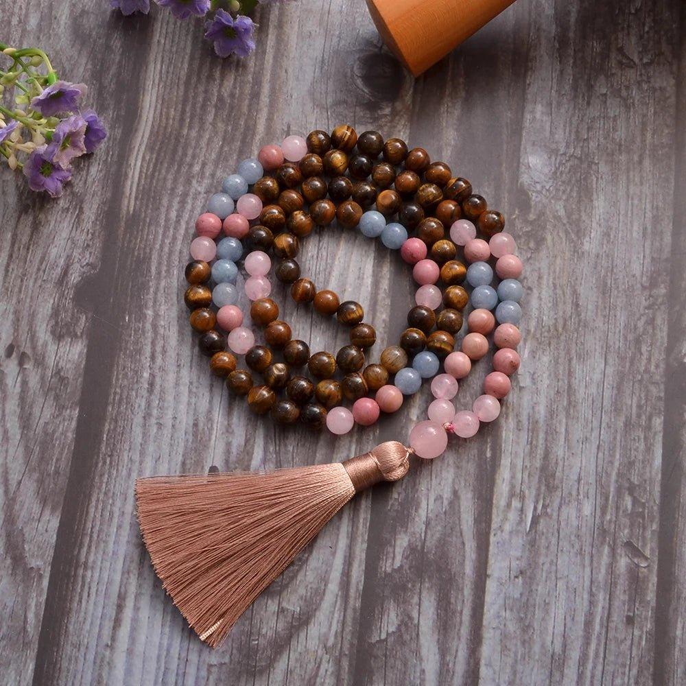 8mm Yellow Tiger Eye Rose Quartz Aquamarine Beads 108 Mala Necklace Meditation Prayer Jewelry Japamala Set Rosary for Women - Ladyglow