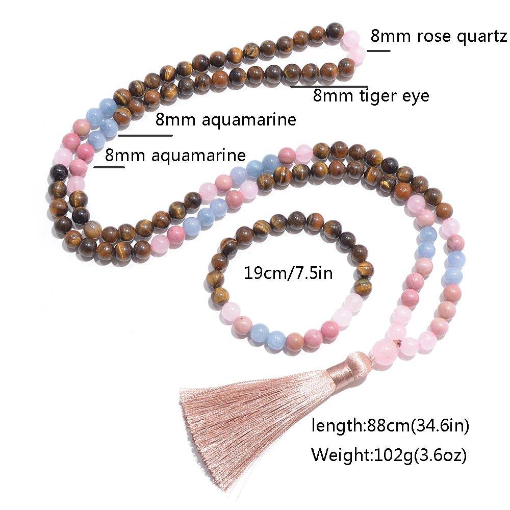 8mm Yellow Tiger Eye Rose Quartz Aquamarine Beads 108 Mala Necklace Meditation Prayer Jewelry Japamala Set Rosary for Women - Ladyglow