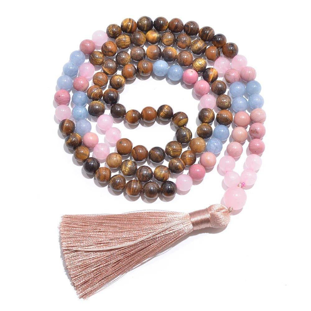 8mm Yellow Tiger Eye Rose Quartz Aquamarine Beads 108 Mala Necklace Meditation Prayer Jewelry Japamala Set Rosary for Women - Ladyglow