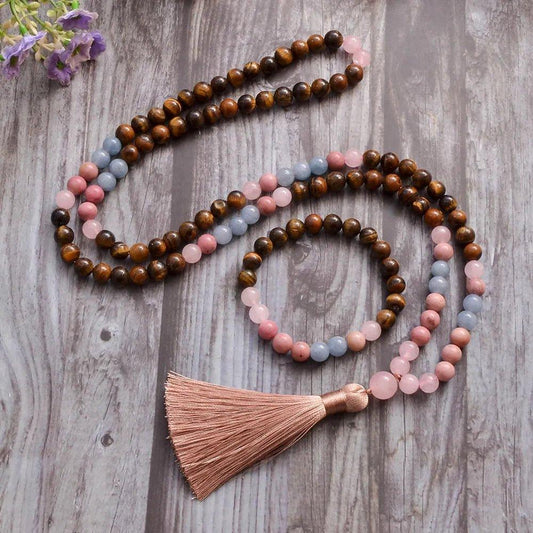 8mm Yellow Tiger Eye Rose Quartz Aquamarine Beads 108 Mala Necklace Meditation Prayer Jewelry Japamala Set Rosary for Women - Ladyglow