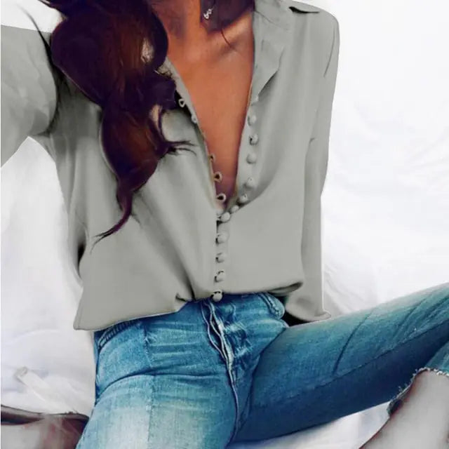 Fashion Casual Solid Color ladies office Tops Sexy Buttons Long sleeve Blouse new Spring Women Chiffon white Shirt