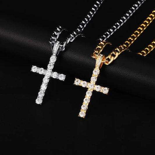 Men Women Hip Hop Cross Pendant Necklace With 4mm Zircon Tennis Chain Iced Out Exquisite Bling Jewelry Fashion Trendy Creative - Ladyglow