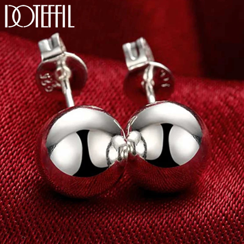 925 Sterling Silver 8/10/12mm Round Smooth Solid Bead Ball Stud Earrings For Women