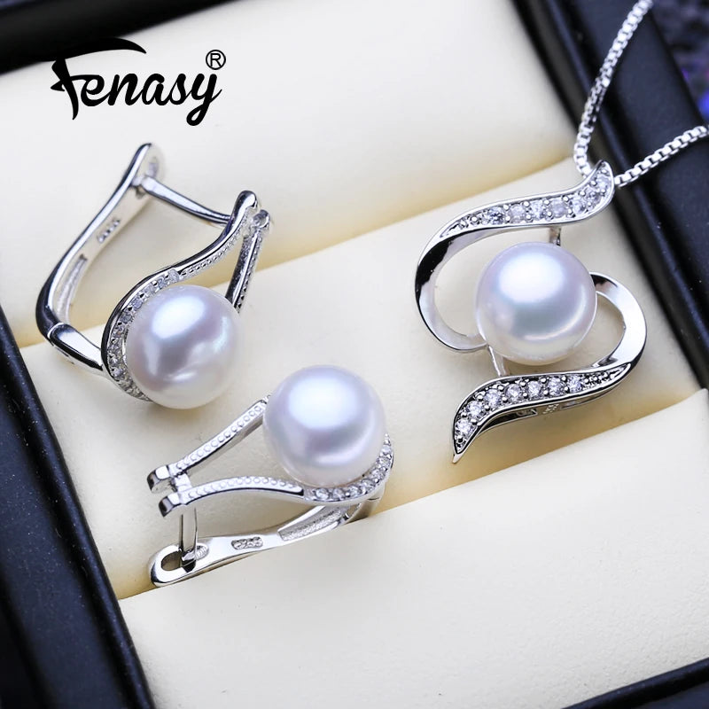 925 Sterling Silver Jewelry Sets Natural Pearl Clip Earrings Custom Bohemian Pendant Chain Necklace Ring Set