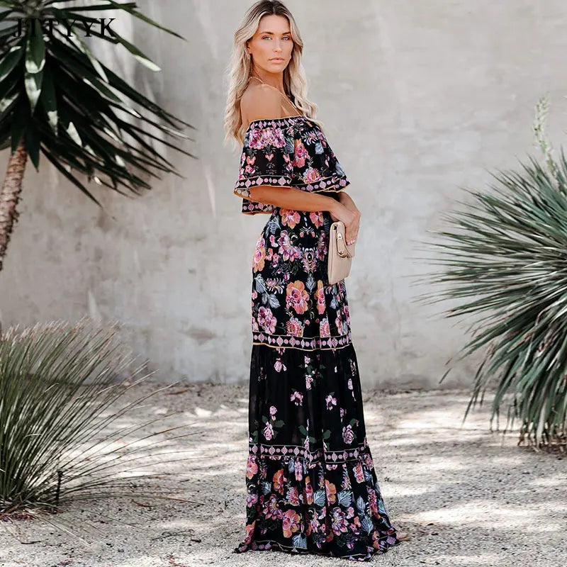 Off Shoulder Short Sleeve Women's Print Floral Floor-length Dress Backless Maxi Dress