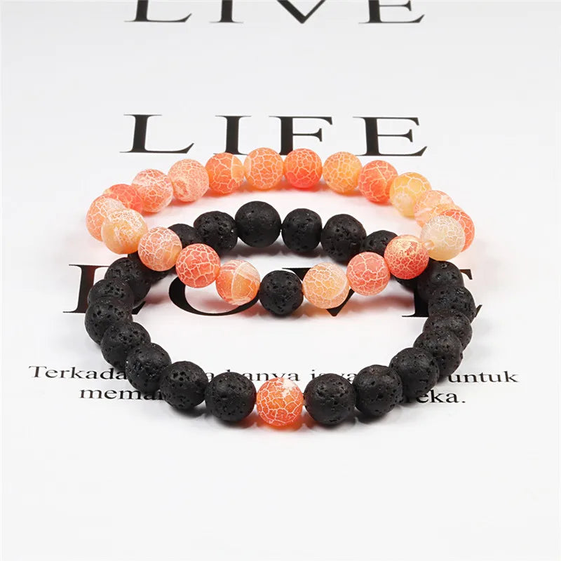 Set Bracelet Couples Distance Black White Natural Lava Stone Tiger Eye Beaded Yoga Bracelets for Men Women Elastic Rope Jewelry - Ladyglow