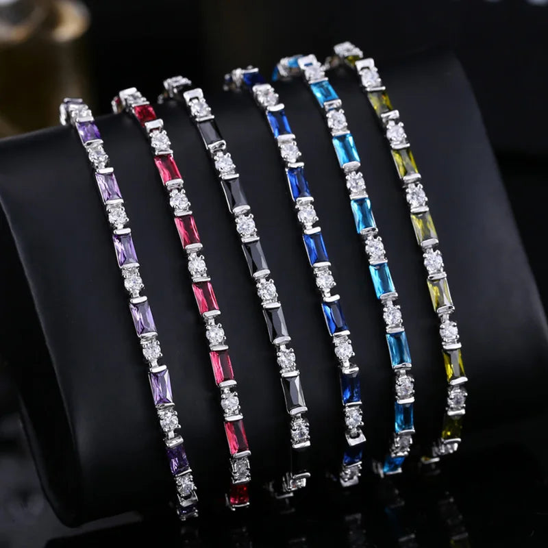 Slim Charm Bracelets Purple and White CZ Crystal Big Square Shape Gift