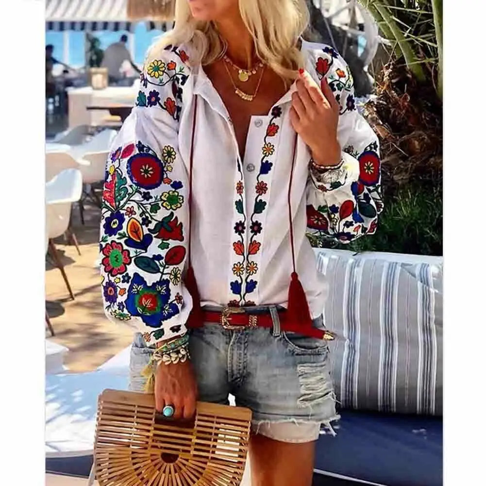 Women Clothes Long Sleeve Shirt Flower V-Neck Casual Loose Top Ladies Blouse Tee