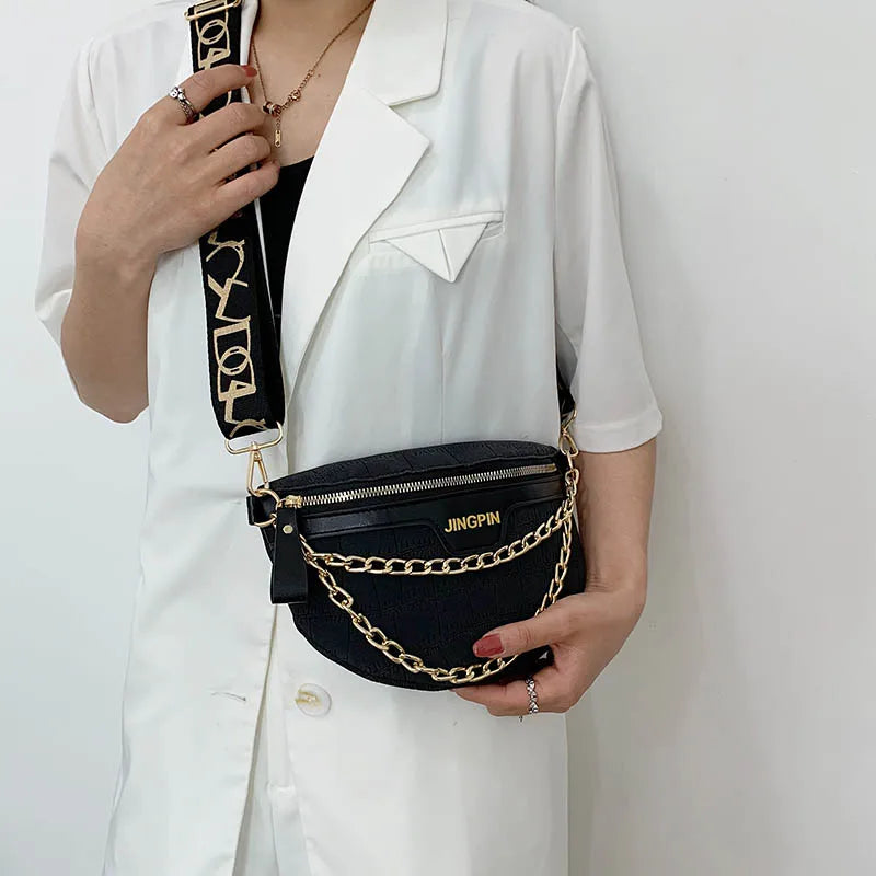 Chest Bags Wide Strap Waist Bag  Metal Chain Single Shoulder Bags Crossbody Bag Female Satchel