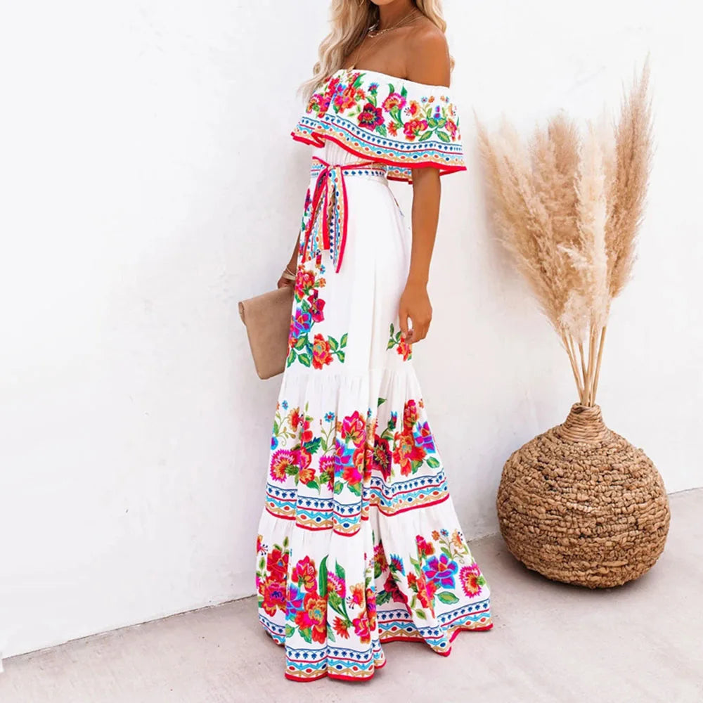 Off Shoulder Short Sleeve Women's Print Floral Floor-length Dress Backless Maxi Dress