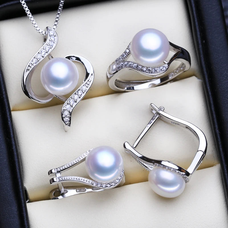 925 Sterling Silver Jewelry Sets Natural Pearl Clip Earrings Custom Bohemian Pendant Chain Necklace Ring Set