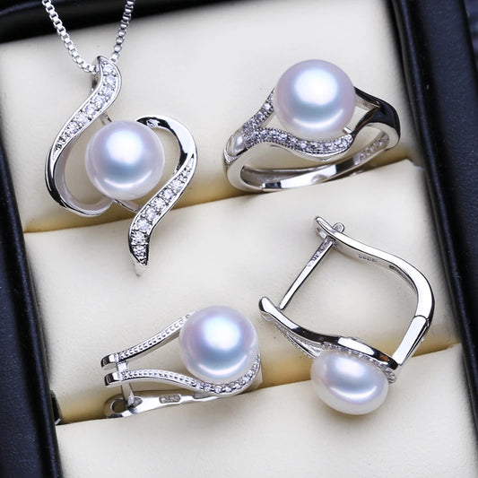 925 Sterling Silver Jewelry Sets Natural Pearl Clip Earrings Custom Bohemian Pendant Chain Necklace Ring Set