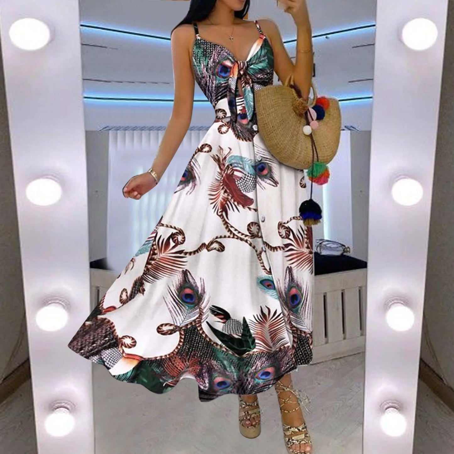 Summer Boho Swing Long Dress Women Fashion Knotted Strapless V-Neck Leaves Floral Print