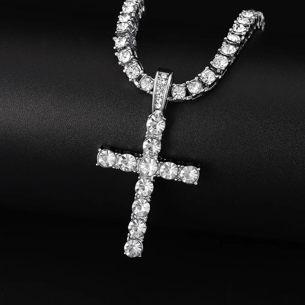 Men Women Hip Hop Cross Pendant Necklace With 4mm Zircon Tennis Chain Iced Out Exquisite Bling Jewelry Fashion Trendy Creative - Ladyglow