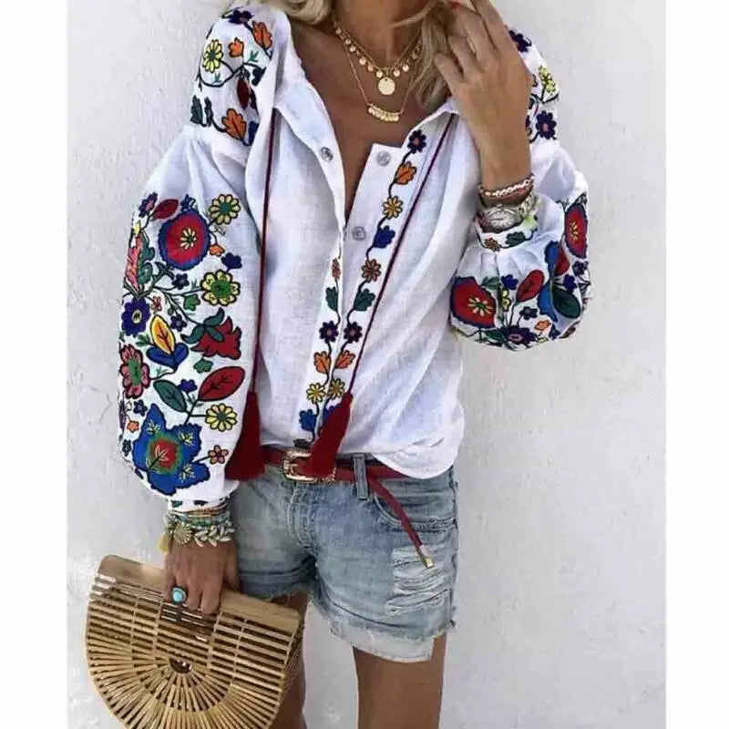 Women Clothes Long Sleeve Shirt Flower V-Neck Casual Loose Top Ladies Blouse Tee