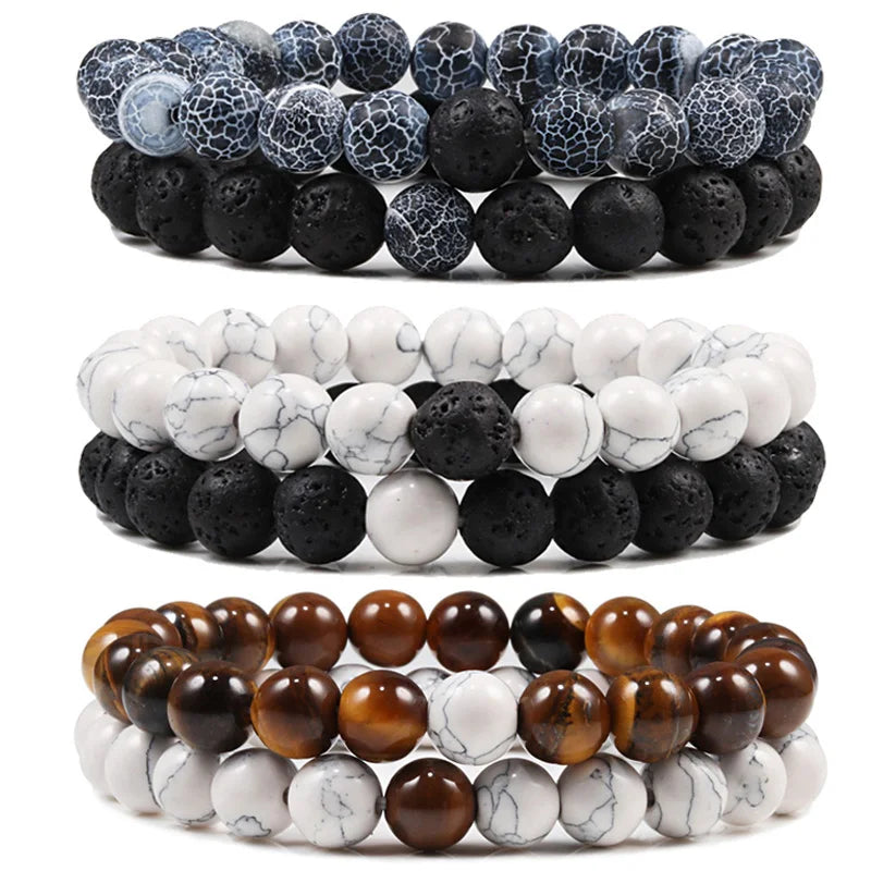 Set Bracelet Couples Distance Black White Natural Lava Stone Tiger Eye Beaded Yoga Bracelets for Men Women Elastic Rope Jewelry - Ladyglow