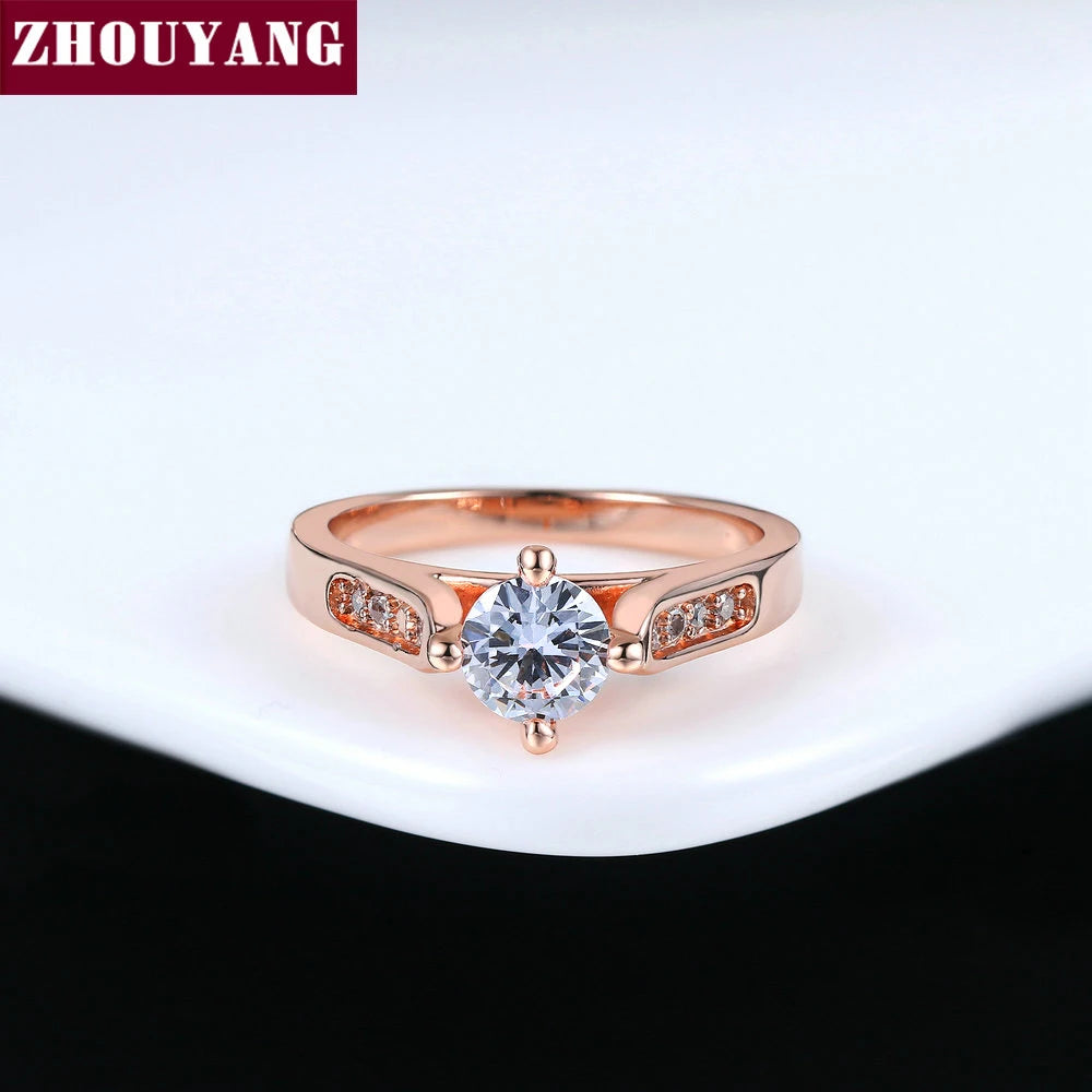 ZHOUYANG Engagement Wedding Ring For Women Classic Prong Setting CZ  Rose Gold Color Fashion Jewelry Lover's Ring R064 R065 - Ladyglow