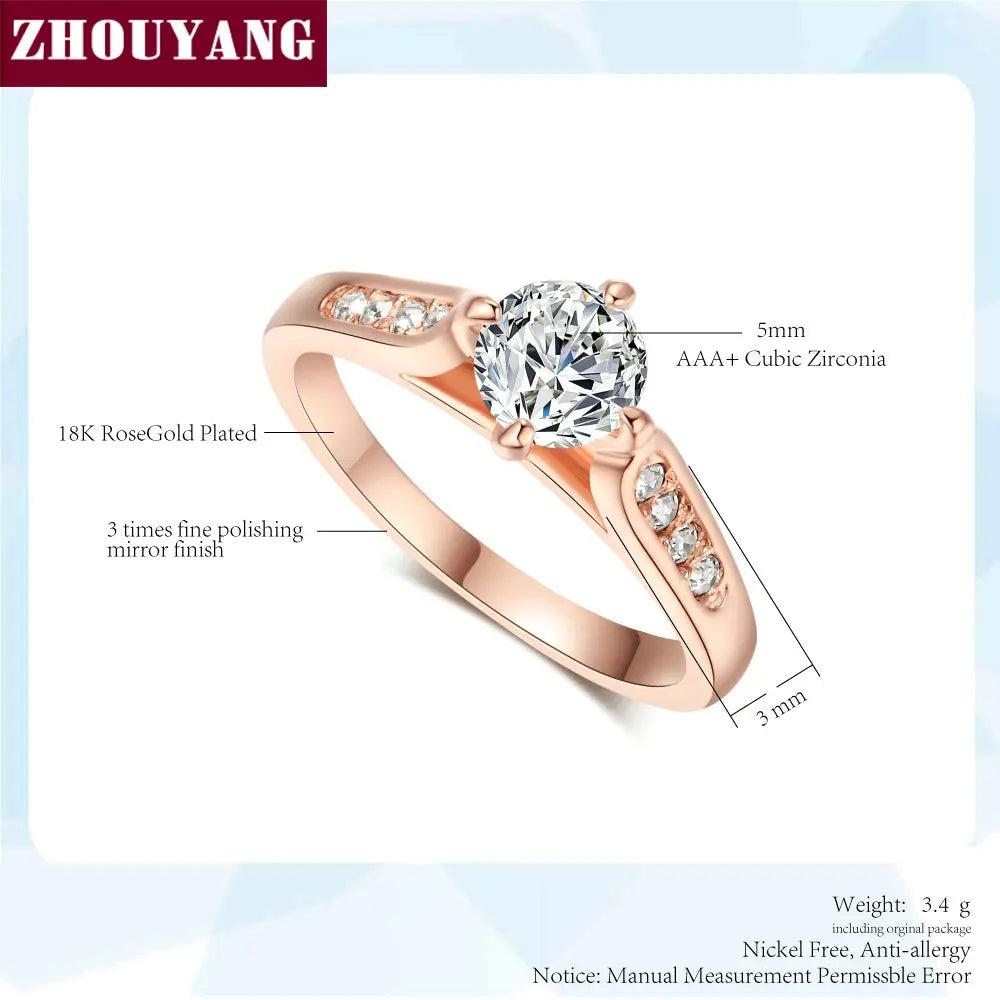 ZHOUYANG Engagement Wedding Ring For Women Classic Prong Setting CZ  Rose Gold Color Fashion Jewelry Lover's Ring R064 R065 - Ladyglow