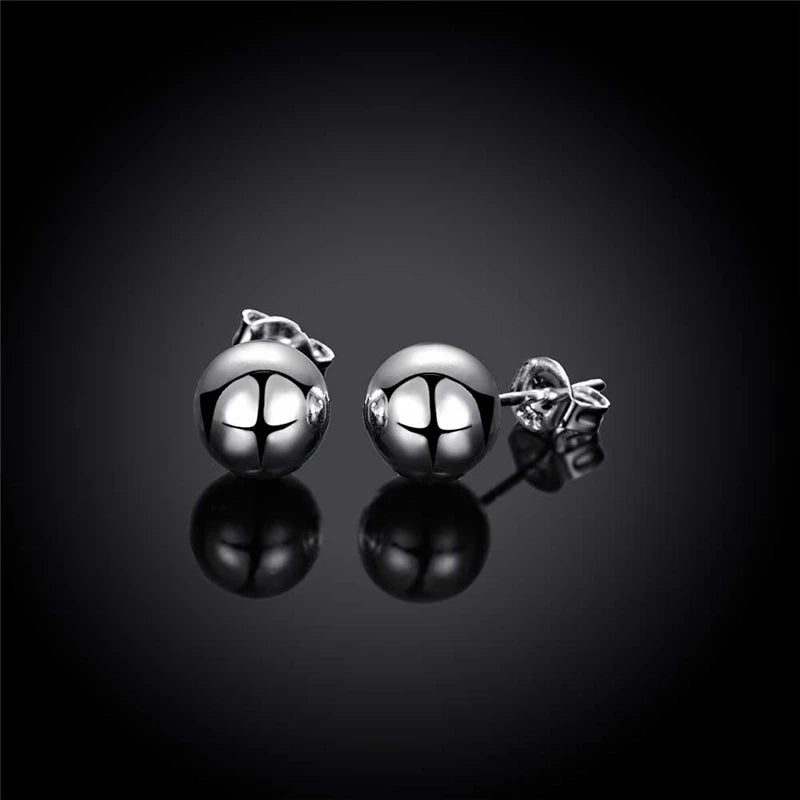 925 Sterling Silver 8/10/12mm Round Smooth Solid Bead Ball Stud Earrings For Women