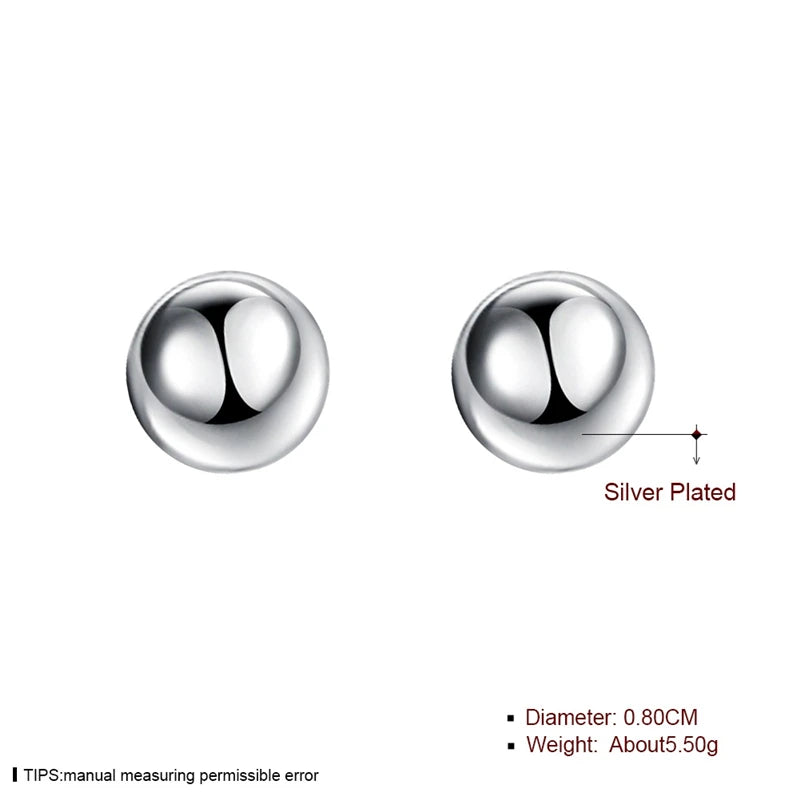 925 Sterling Silver 8/10/12mm Round Smooth Solid Bead Ball Stud Earrings For Women