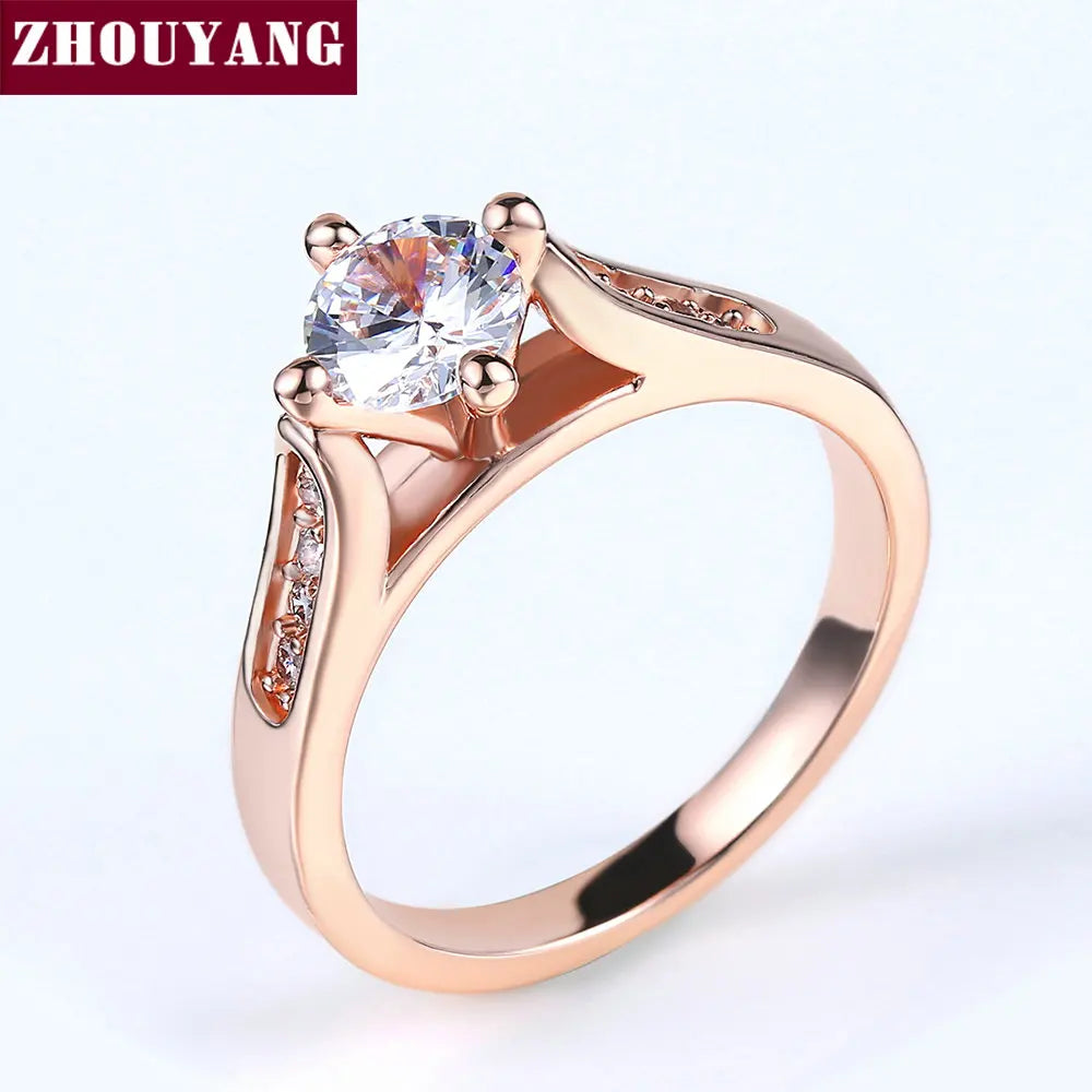 ZHOUYANG Engagement Wedding Ring For Women Classic Prong Setting CZ  Rose Gold Color Fashion Jewelry Lover's Ring R064 R065 - Ladyglow