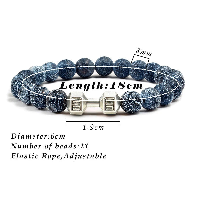 Natural Volcanic Stone Bracelet Men Matte Black Lave White Beads Charm Dumbbell Strand Bracelets Women Barbell Fitness Jewelry - Ladyglow