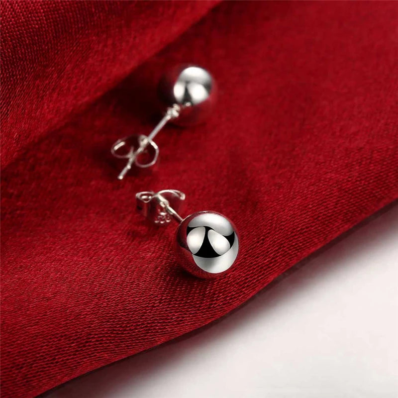 925 Sterling Silver 8/10/12mm Round Smooth Solid Bead Ball Stud Earrings For Women