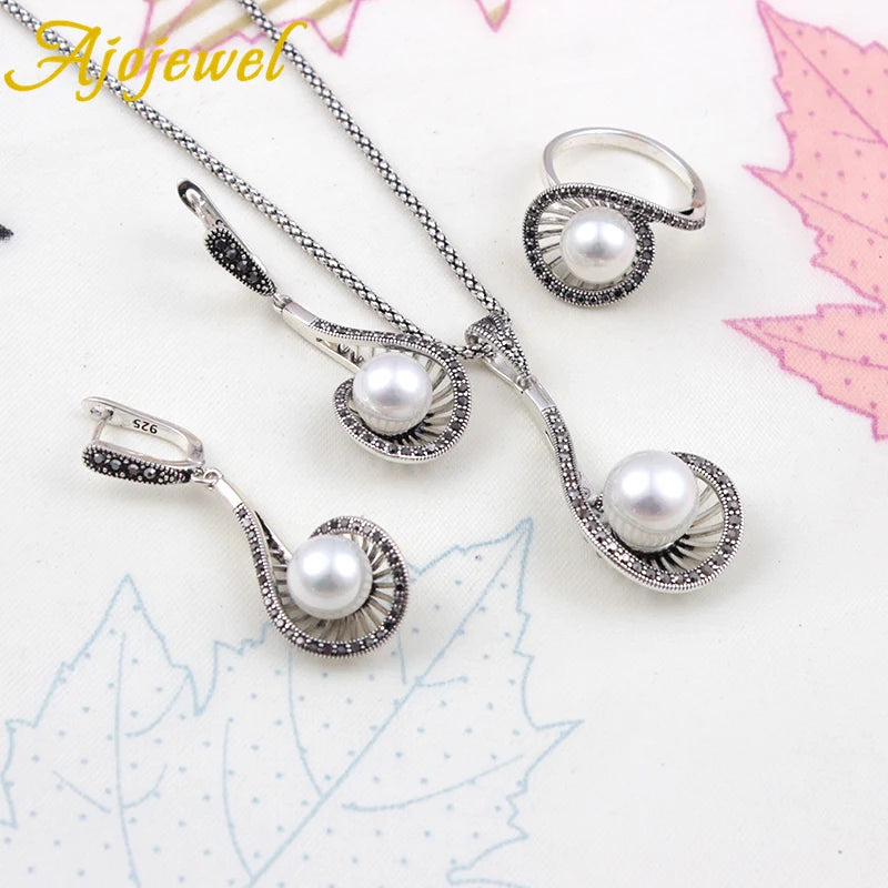 Vintage Pearl Jewelry Set For Women White Pearl Drop Earrings Luxury Ring Necklace