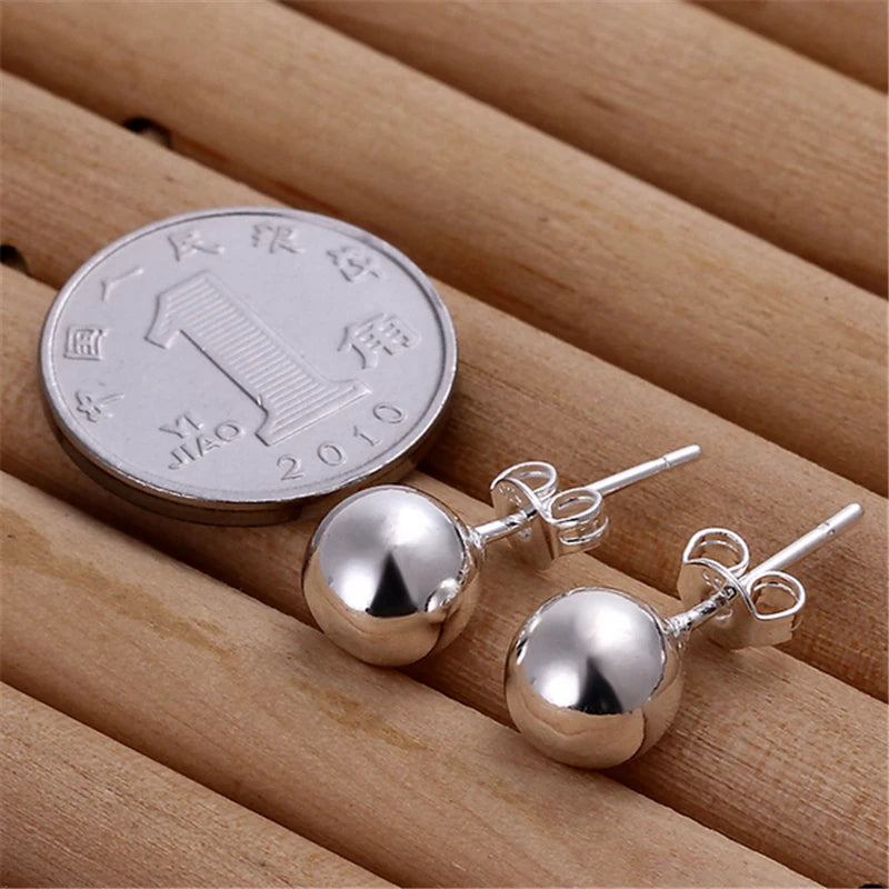 925 Sterling Silver 8/10/12mm Round Smooth Solid Bead Ball Stud Earrings For Women