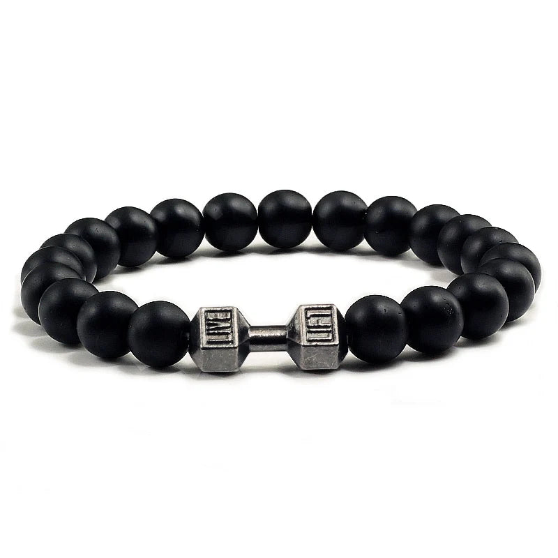 Natural Volcanic Stone Bracelet Men Matte Black Lave White Beads Charm Dumbbell Strand Bracelets Women Barbell Fitness Jewelry - Ladyglow