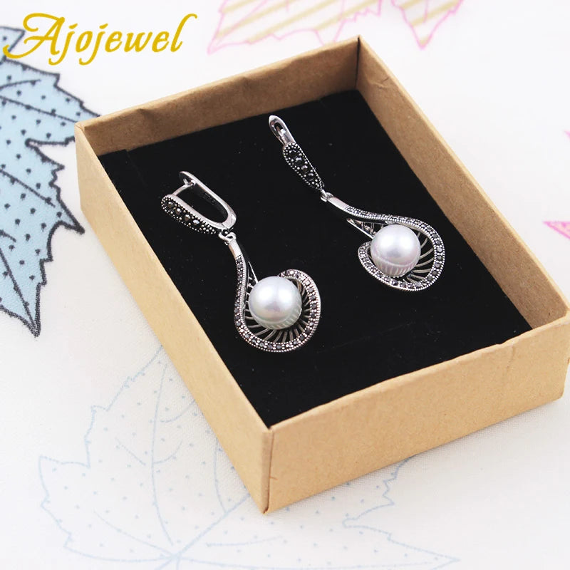 Vintage Pearl Jewelry Set For Women White Pearl Drop Earrings Luxury Ring Necklace