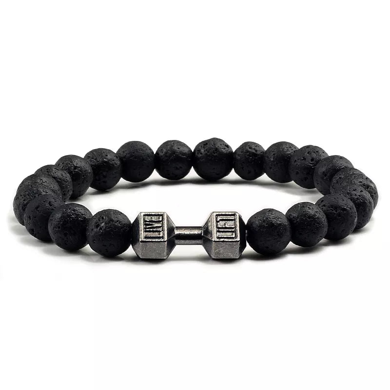 Natural Volcanic Stone Bracelet Men Matte Black Lave White Beads Charm Dumbbell Strand Bracelets Women Barbell Fitness Jewelry - Ladyglow