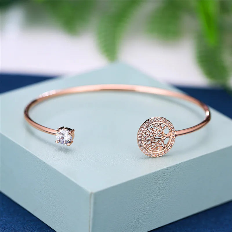 Dainty Female White Zircon Stone Tree Of Life Adjustable Bracelets For Women Cute Rose Gold Wedding Jewelry - Ladyglow