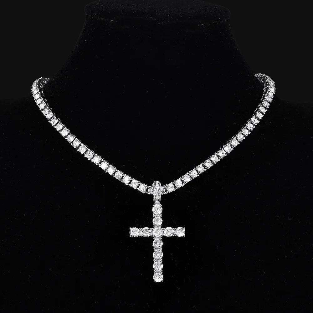 Men Women Hip Hop Cross Pendant Necklace With 4mm Zircon Tennis Chain Iced Out Exquisite Bling Jewelry Fashion Trendy Creative - Ladyglow