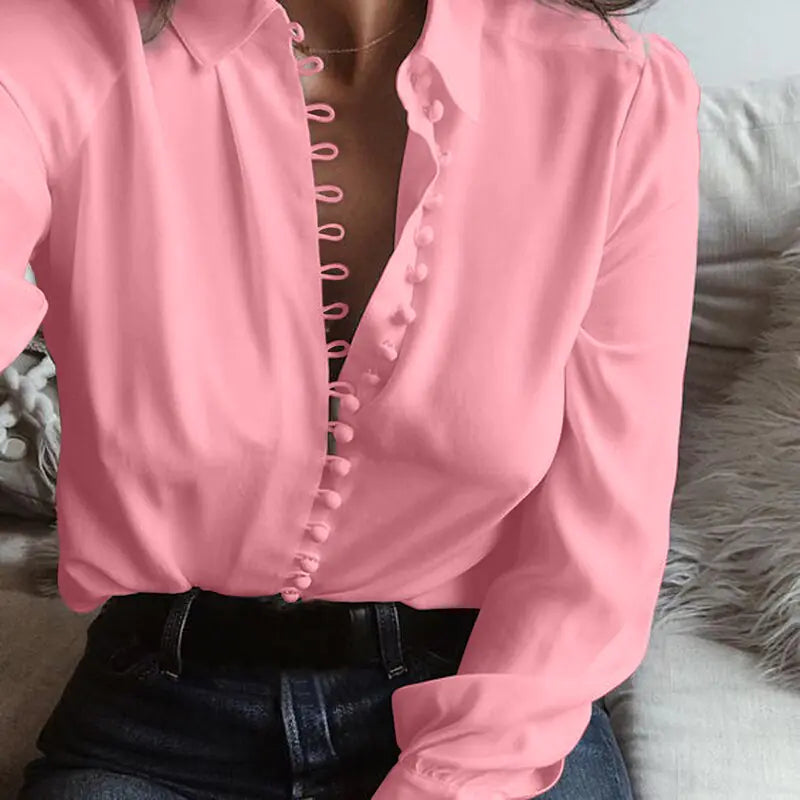 Fashion Casual Solid Color ladies office Tops Sexy Buttons Long sleeve Blouse new Spring Women Chiffon white Shirt