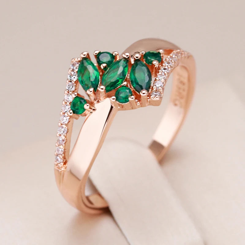 Luxury Green Natural Zircon Ring For Women 585 Rose Gold Color White Stone