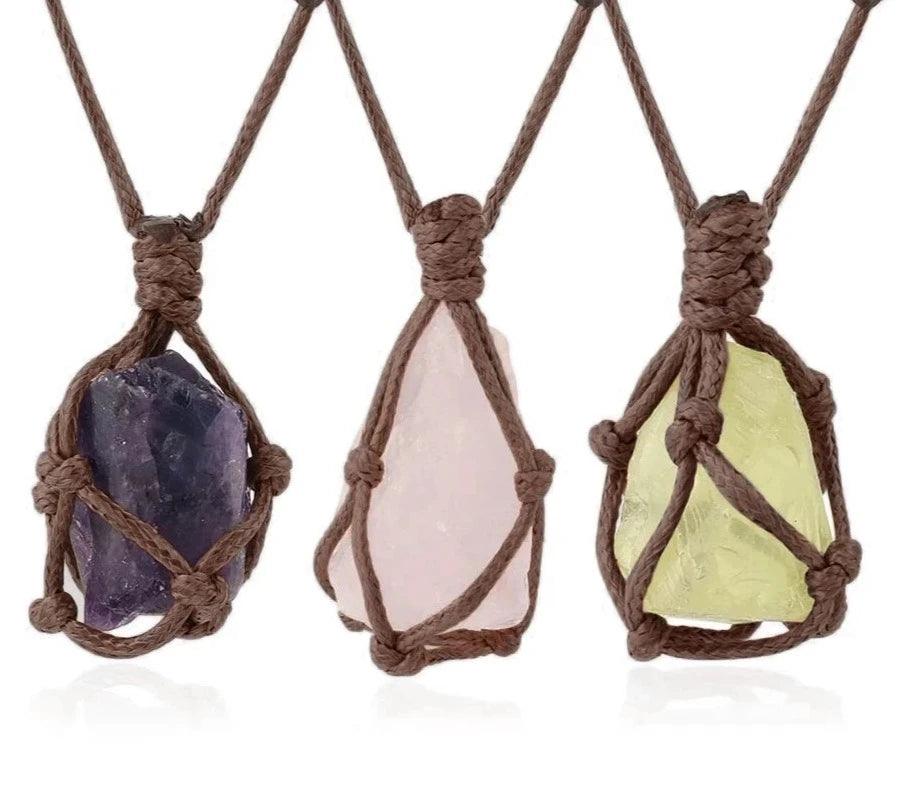 CSJA Healing Crystals Necklace Stone Gem Natural Stone Pendant Rope Wrap Necklace for Women Amethysts Rose Crystal Quartzs G317 - Ladyglow