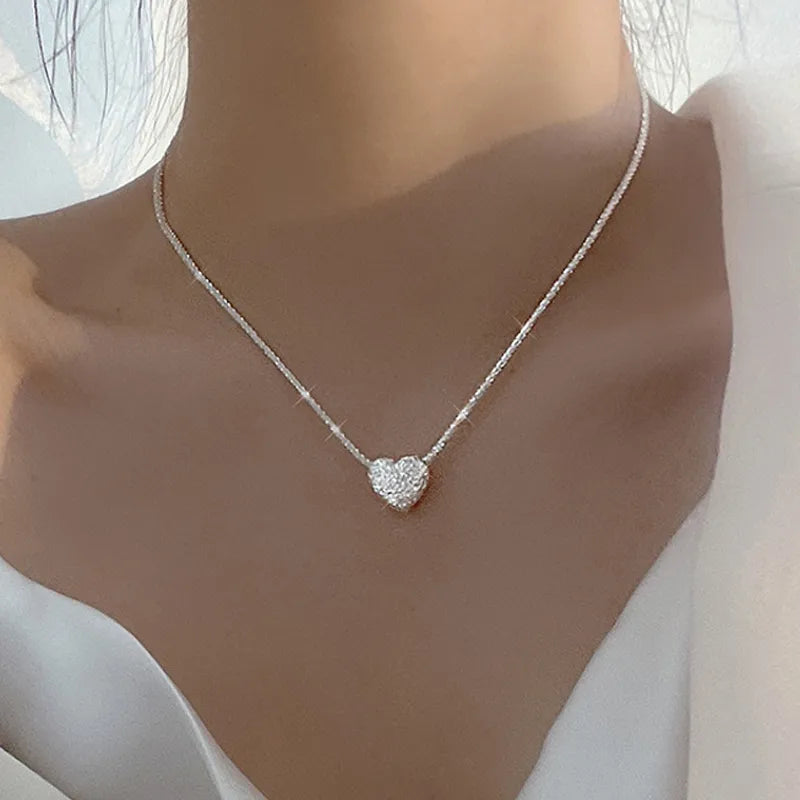 New 925 Sterling Silver Girls Hammer pattern Love Necklace Simple Heart shaped Pendant Women's Gift Boutique Jewelry NK153 - Ladyglow