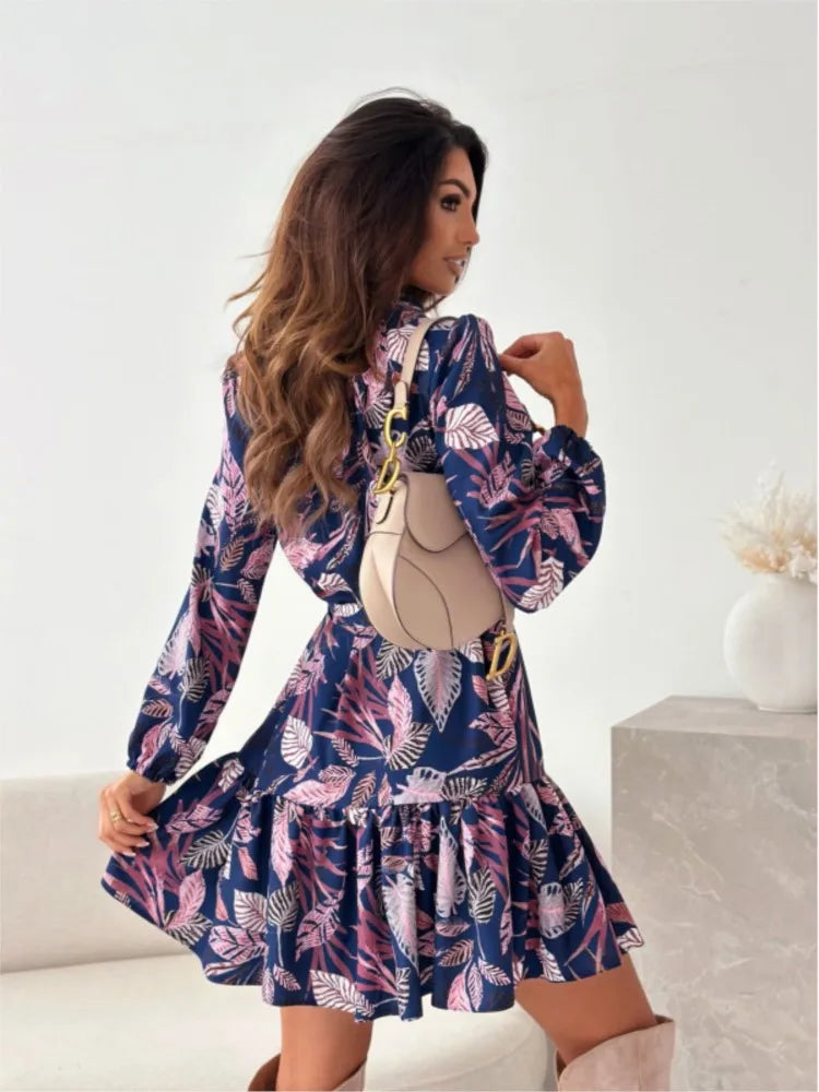 Fashion Floral Print Shirt Dress Women Long Sleeve Elegant Office Ladies Clothes V-neck Lace Up Dresses