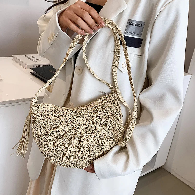 Fashion Semicircle Straw Woven Shoulder Crossbody Bag Travel Small Handbag Ladies Summer Handmade Rattan Tassel Design Beach Bag - Ladyglow