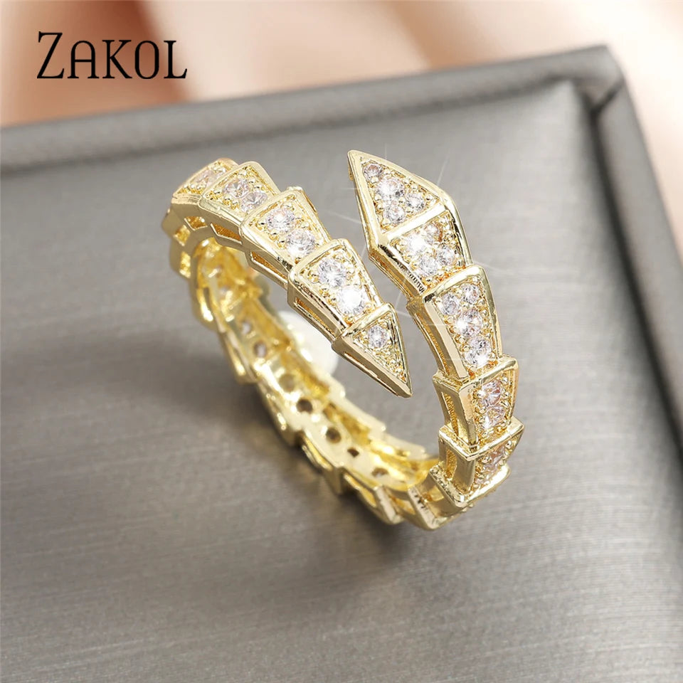 ZAKOL Luxury Shiny AAA Cubic Zirconia Snake Bone Open Rings Exquisite