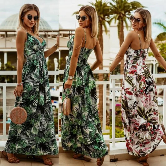 Women's summer V-neck sleeveless camisole commuting printed chiffon bohemian floral dress