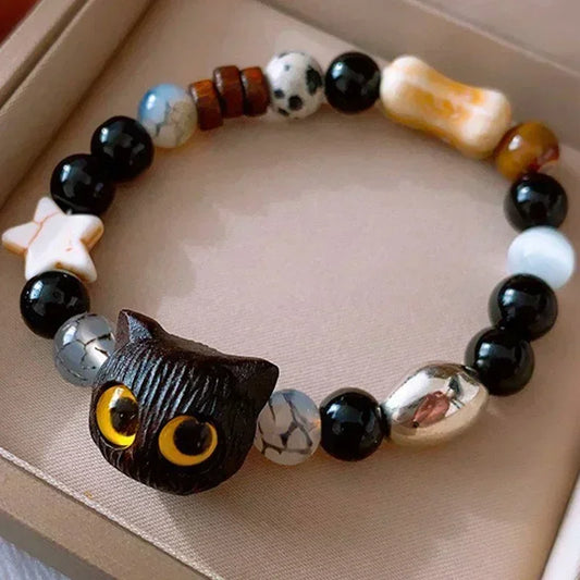 Cute Natural Stone Black Cat Bracelet for Women Men Fashion Cartoon Animal Beaded Bracelets Handmade Fashion Girl Jewelry Gifts - Ladyglow