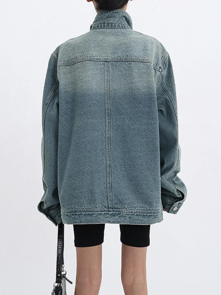 Denim Coat Turtleneck Single Breasted Full Sleeve Patchwork Versatile Jacket Streetwear Denim Overcoat