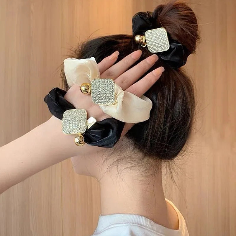 Alloy Rhinestone Square Hair Ties Scrunchies Elegant Ponytail Rope  High Elasticity Rubber Bands